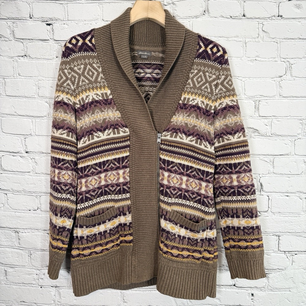 Eddie Bauer Nordic Fair Isle Cardigan Asymmetrical Zipper Shawl Sweater Womens S